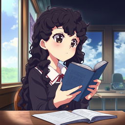 Create an image in the style of 'Shingeki no Kyojin' featuring a girl with long dark curly hair holding a book, studying in a classroom, and looking out the window