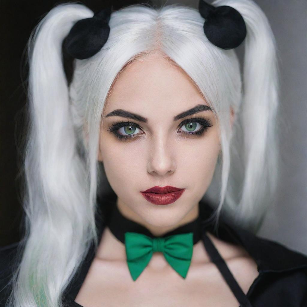 Photograph of a 30-year-old, average-build girl with white hair, in dark demon-themed cosplay. Her long square proportional facial features include dimples in her cheeks, bow lips, large black eyebrows, smooth medium green eyes, and swarthy skin