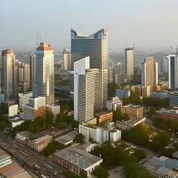 A vibrant panorama of a developed African city, filled with modern skyscrapers, bustling markets, advanced technology, lush parks, and a thriving cultural scene.