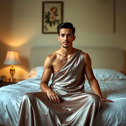 A man in a satin dress is sitting in a bedroom