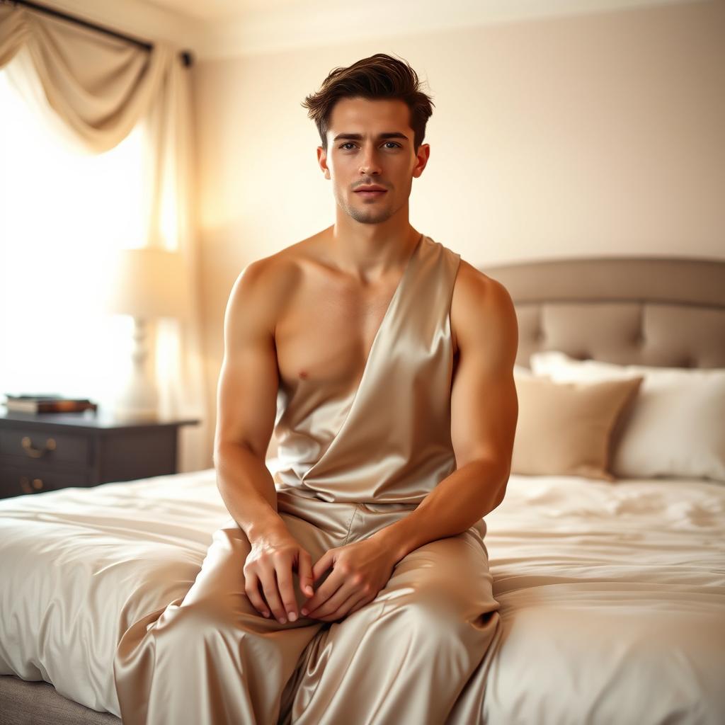 A man in a satin dress is sitting in a bedroom