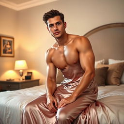 A man in a satin dress is sitting in a bedroom