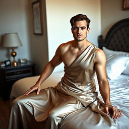 A man in a satin dress is sitting in a bedroom