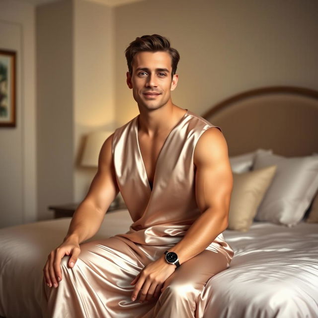 A man in a satin dress is sitting in a bedroom