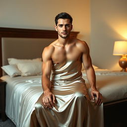 A man in a satin dress is sitting in a bedroom