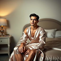 A man in a satin dress is sitting in a bedroom