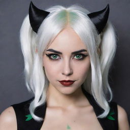 Photograph of a 30-year-old, average-build girl with white hair, in dark demon-themed cosplay. Her long square proportional facial features include dimples in her cheeks, bow lips, large black eyebrows, smooth medium green eyes, and swarthy skin