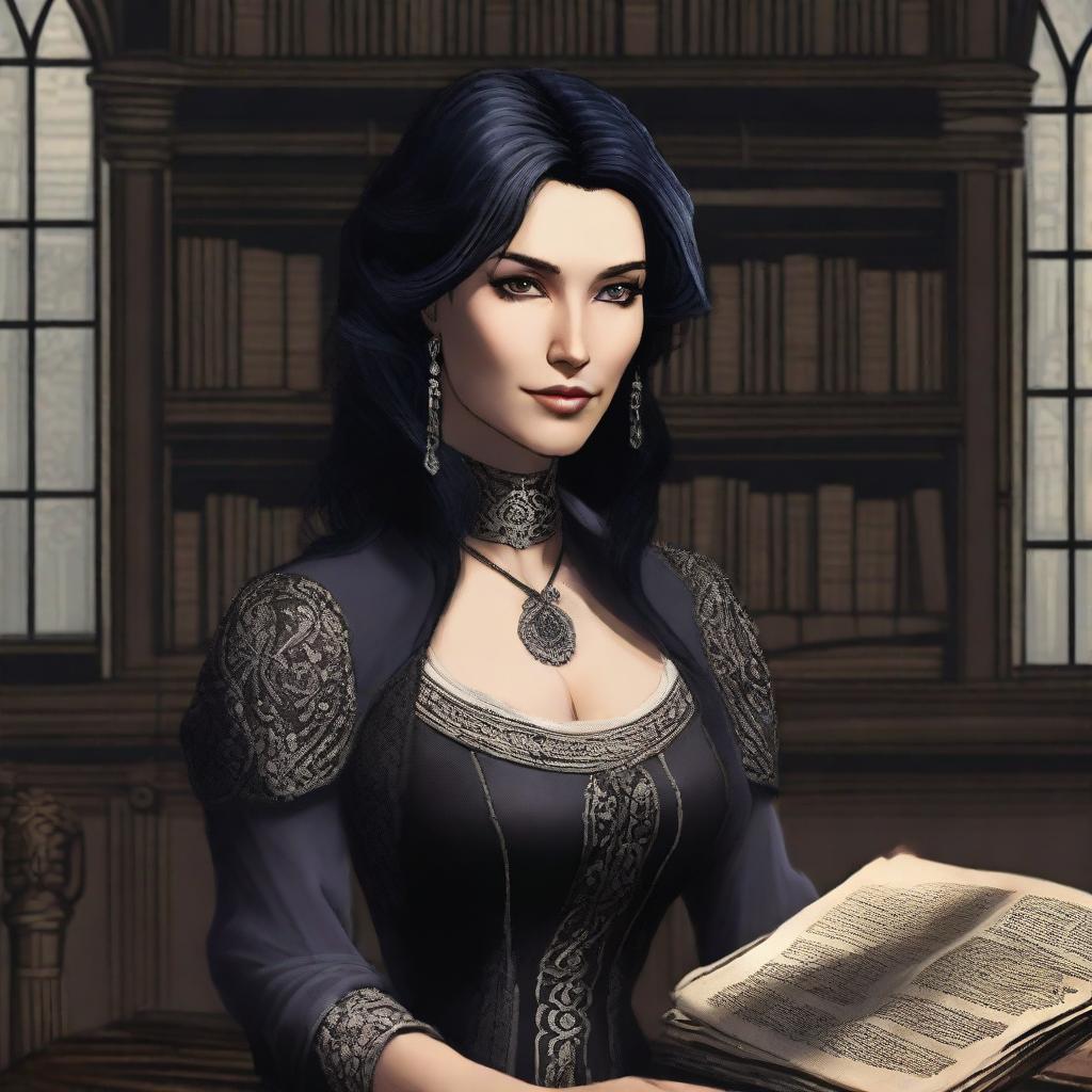 Portrait of Isolde Ravenshadow, the enigmatic head of the Shadow Quill newspaper in Shard