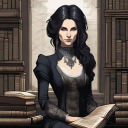 Portrait of Isolde Ravenshadow, the enigmatic head of the Shadow Quill newspaper in Shard