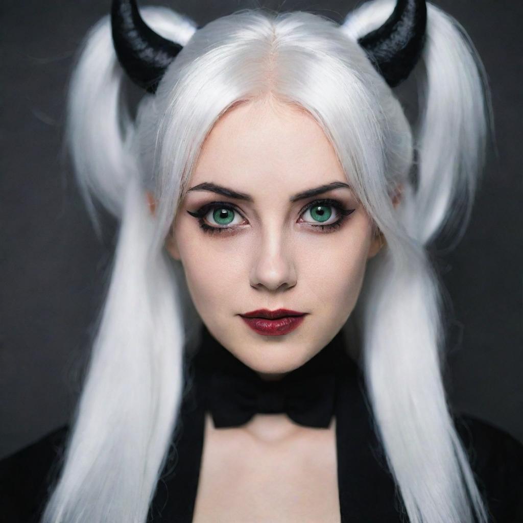 Photograph of a 30-year-old, average-build girl with white hair, in dark demon-themed cosplay. Her long square proportional facial features include dimples in her cheeks, bow lips, large black eyebrows, smooth medium green eyes, and swarthy skin