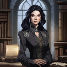 Portrait of Isolde Ravenshadow, the enigmatic head of the Shadow Quill newspaper in Shard