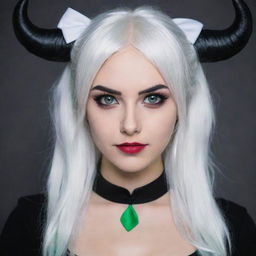 Photograph of a 30-year-old, average-build girl with white hair, in dark demon-themed cosplay. Her long square proportional facial features include dimples in her cheeks, bow lips, large black eyebrows, smooth medium green eyes, and swarthy skin