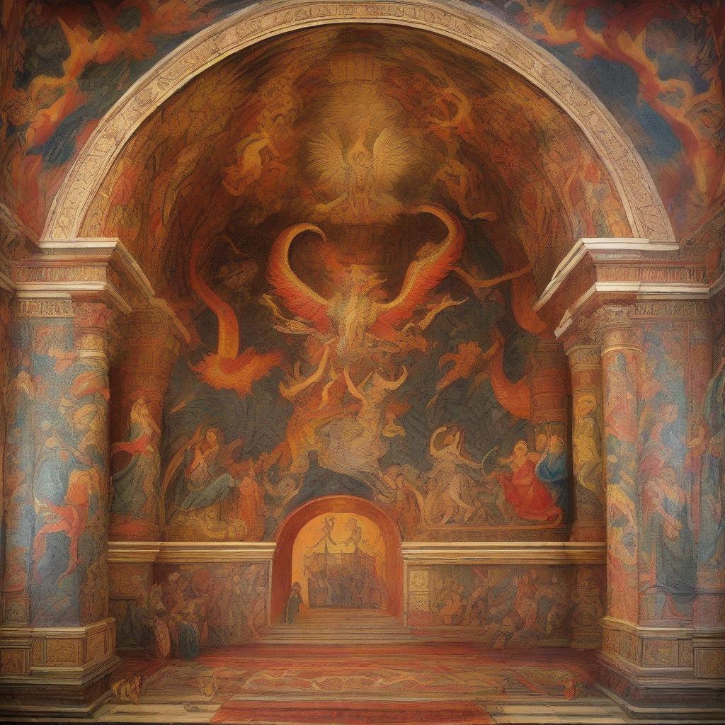 Ancient sanctuary with high vaulted ceilings, walls adorned with intricate murals