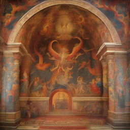 Ancient sanctuary with high vaulted ceilings, walls adorned with intricate murals