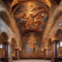 Ancient sanctuary with high vaulted ceilings, walls adorned with intricate murals