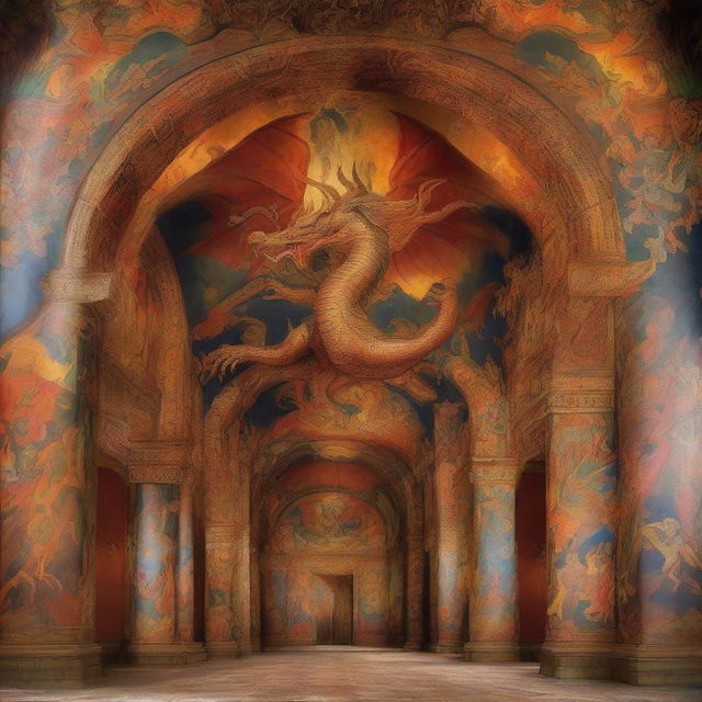 Ancient sanctuary with high vaulted ceilings, walls adorned with intricate murals