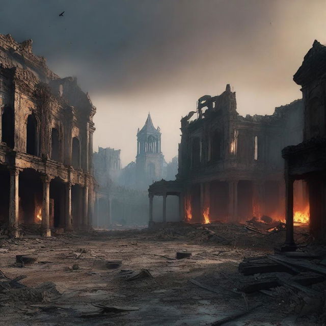 A smoldering town ruin under a darkened sky, with crumbling stone buildings, shattered windows, and burnt wooden beams