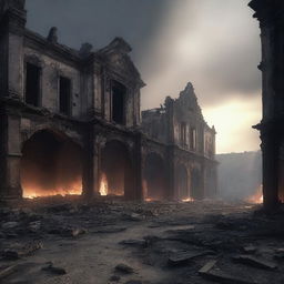 A smoldering town ruin under a darkened sky, with crumbling stone buildings, shattered windows, and burnt wooden beams