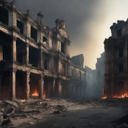 A smoldering town ruin under a darkened sky, with crumbling stone buildings, shattered windows, and burnt wooden beams