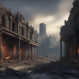 A smoldering town ruin under a darkened sky, with crumbling stone buildings, shattered windows, and burnt wooden beams