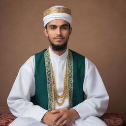 A handsome young Islamic scholar dressed in traditional attire, radiating wisdom and serenity.