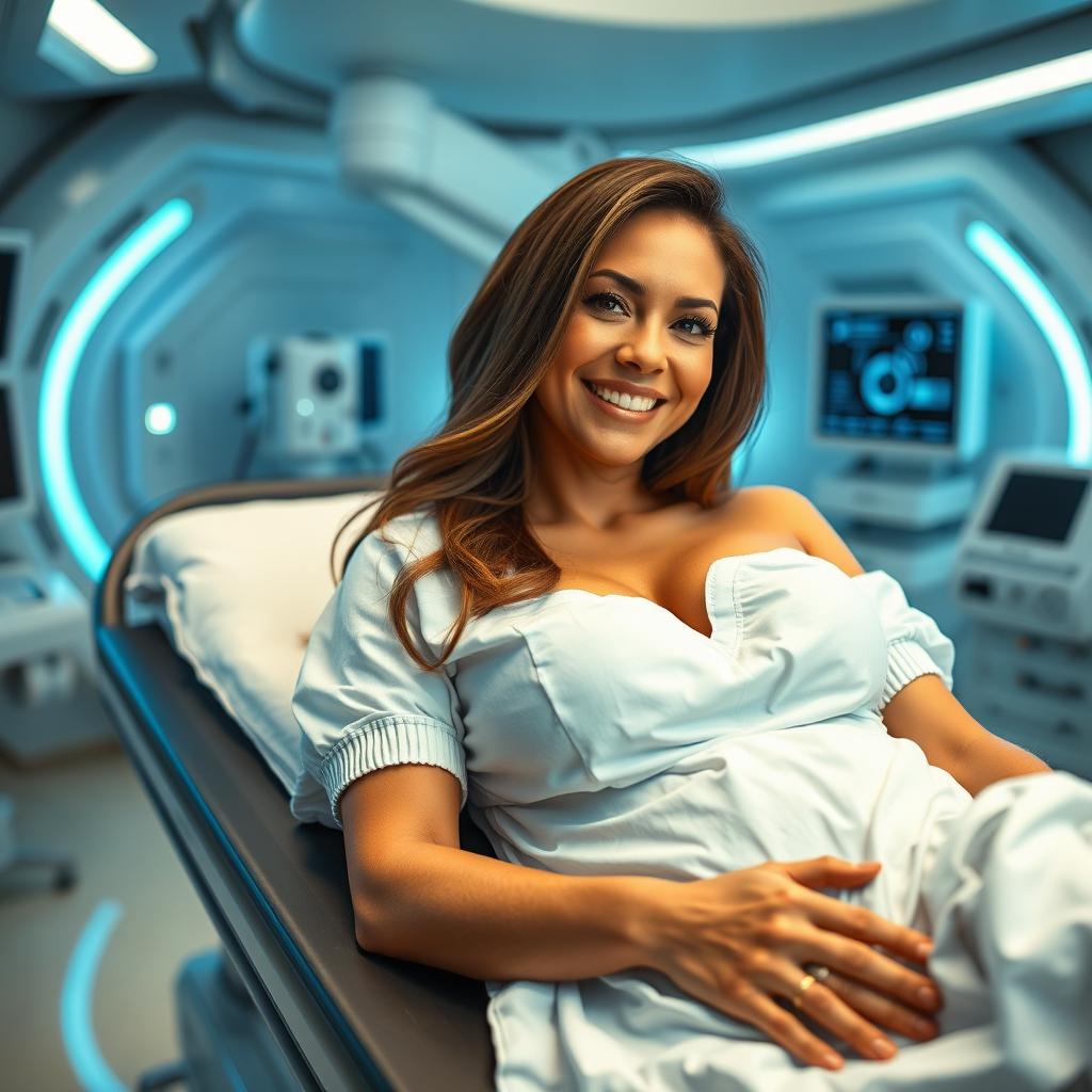 A sexy 45-year-old Latina woman with curves, long brown hair, wearing a hospital gown, with a beautiful smile and a deep neckline, lying on a stretcher in a futuristic laboratory