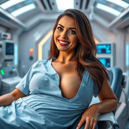 A sexy 45-year-old Latina woman with curves, long brown hair, wearing a hospital gown, with a beautiful smile and a deep neckline, lying on a stretcher in a futuristic laboratory