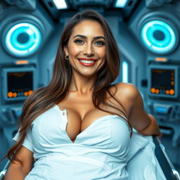 A sexy 45-year-old Latina woman with curves, long brown hair, wearing a hospital gown, with a beautiful smile and a deep neckline, lying on a stretcher in a futuristic laboratory