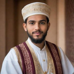 A handsome young Islamic scholar dressed in traditional attire, radiating wisdom and serenity.