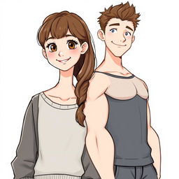 A white-skinned girl with brown hair and brown eyes standing next to a white-skinned boy with brown hair, brown eyes, and a defined body