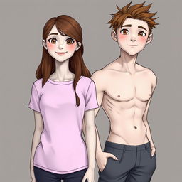 A white-skinned girl with brown hair and brown eyes standing next to a white-skinned boy with brown hair, brown eyes, and a defined body