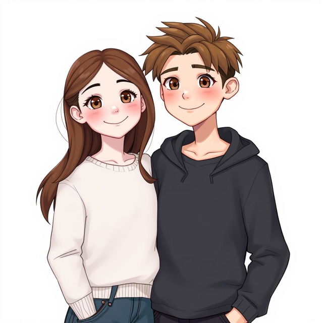 A white-skinned girl with brown hair and brown eyes standing next to a white-skinned boy with brown hair, brown eyes, and a defined body