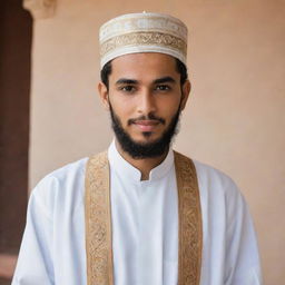 A handsome young Islamic scholar dressed in traditional attire, radiating wisdom and serenity.