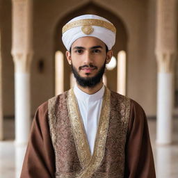 A handsome young Islamic scholar dressed in traditional attire, radiating wisdom and serenity.