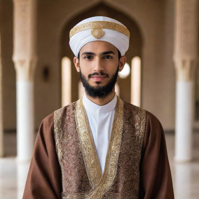 A handsome young Islamic scholar dressed in traditional attire, radiating wisdom and serenity.