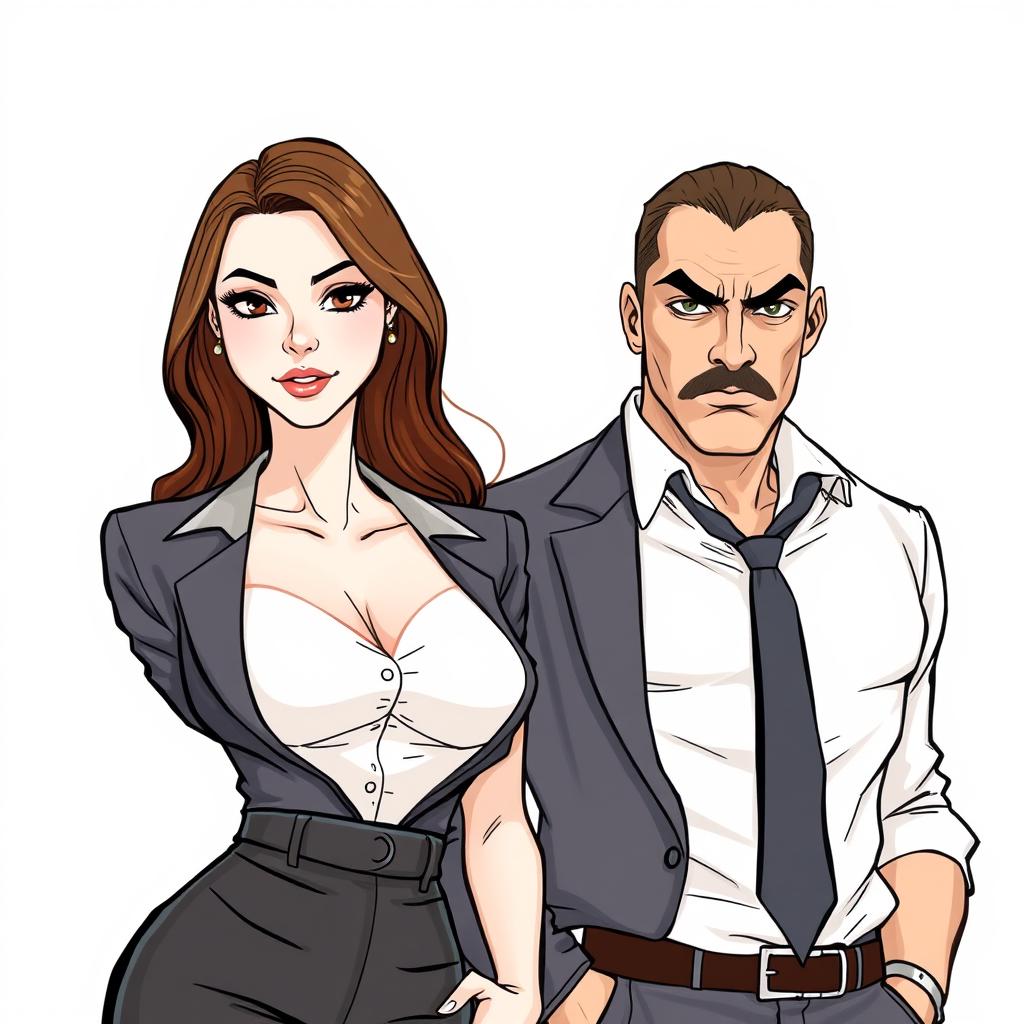 A drawing of a self-centered white-skinned woman with brown hair and brown eyes standing next to a self-centered mobster man with brown eyes, brown hair, white skin, and a defined body