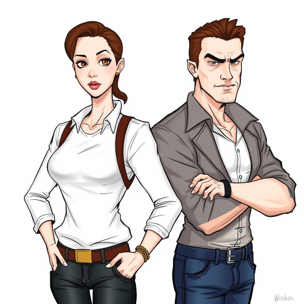 A drawing of a self-centered white-skinned woman with brown hair and brown eyes standing next to a self-centered mobster man with brown eyes, brown hair, white skin, and a defined body