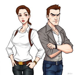 A drawing of a self-centered white-skinned woman with brown hair and brown eyes standing next to a self-centered mobster man with brown eyes, brown hair, white skin, and a defined body