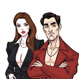 A drawing of a self-centered white-skinned woman with brown hair and brown eyes standing next to a self-centered mobster man with brown eyes, brown hair, white skin, and a defined body