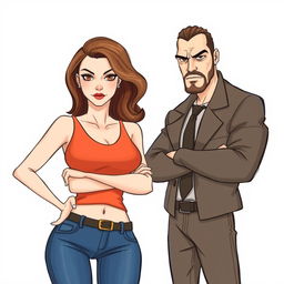 A drawing of a self-centered white-skinned woman with brown hair and brown eyes standing next to a self-centered mobster man with brown eyes, brown hair, white skin, and a defined body