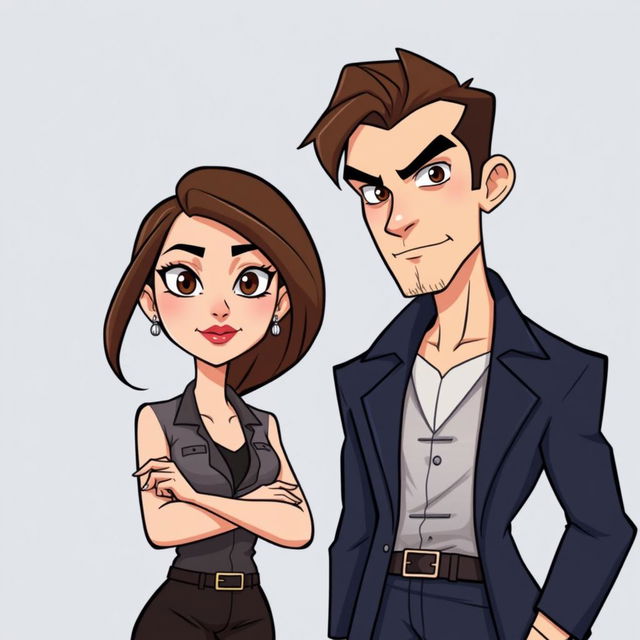 An animated depiction of a self-centered white-skinned woman with brown hair and brown eyes standing next to a self-centered mobster man with brown eyes, brown hair, white skin, and a defined body