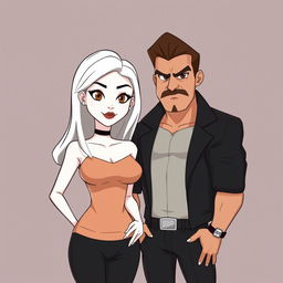 An animated depiction of a self-centered white-skinned woman with brown hair and brown eyes standing next to a self-centered mobster man with brown eyes, brown hair, white skin, and a defined body