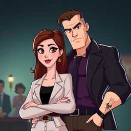 An animated depiction of a self-centered white-skinned woman with brown hair and brown eyes standing next to a self-centered mobster man with brown eyes, brown hair, white skin, and a defined body