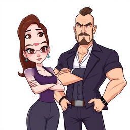 An animated depiction of a self-centered white-skinned woman with brown hair and brown eyes standing next to a self-centered mobster man with brown eyes, brown hair, white skin, and a defined body