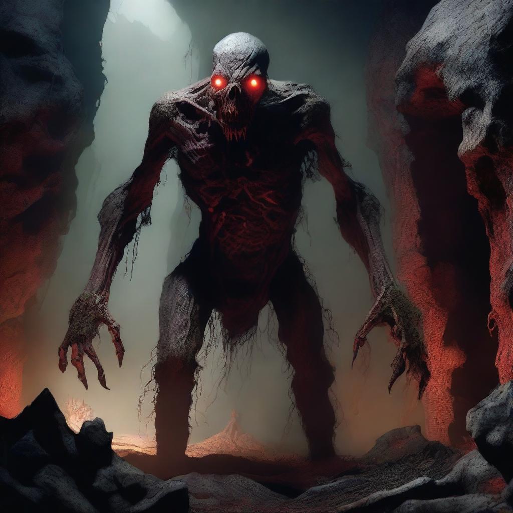 A large, grotesque undead creature stitched together from various corpses with mismatched limbs, glowing red eyes, and a dark, necrotic aura