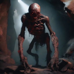 A large, grotesque undead creature stitched together from various corpses with mismatched limbs, glowing red eyes, and a dark, necrotic aura