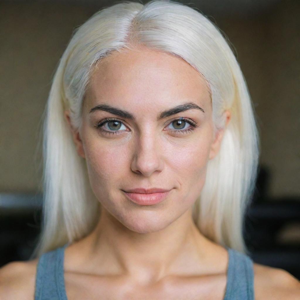 Photograph of a 30-year-old girl of average build with white hair, in a fitness room. She has long square proportional facial features, cheek dimples, bow lips, large black eyebrows, smooth medium green eyes, and swarthy skin