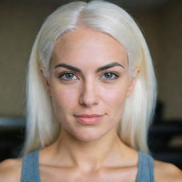 Photograph of a 30-year-old girl of average build with white hair, in a fitness room. She has long square proportional facial features, cheek dimples, bow lips, large black eyebrows, smooth medium green eyes, and swarthy skin