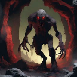 A large, grotesque undead creature stitched together from various corpses with mismatched limbs, glowing red eyes, and a dark, necrotic aura