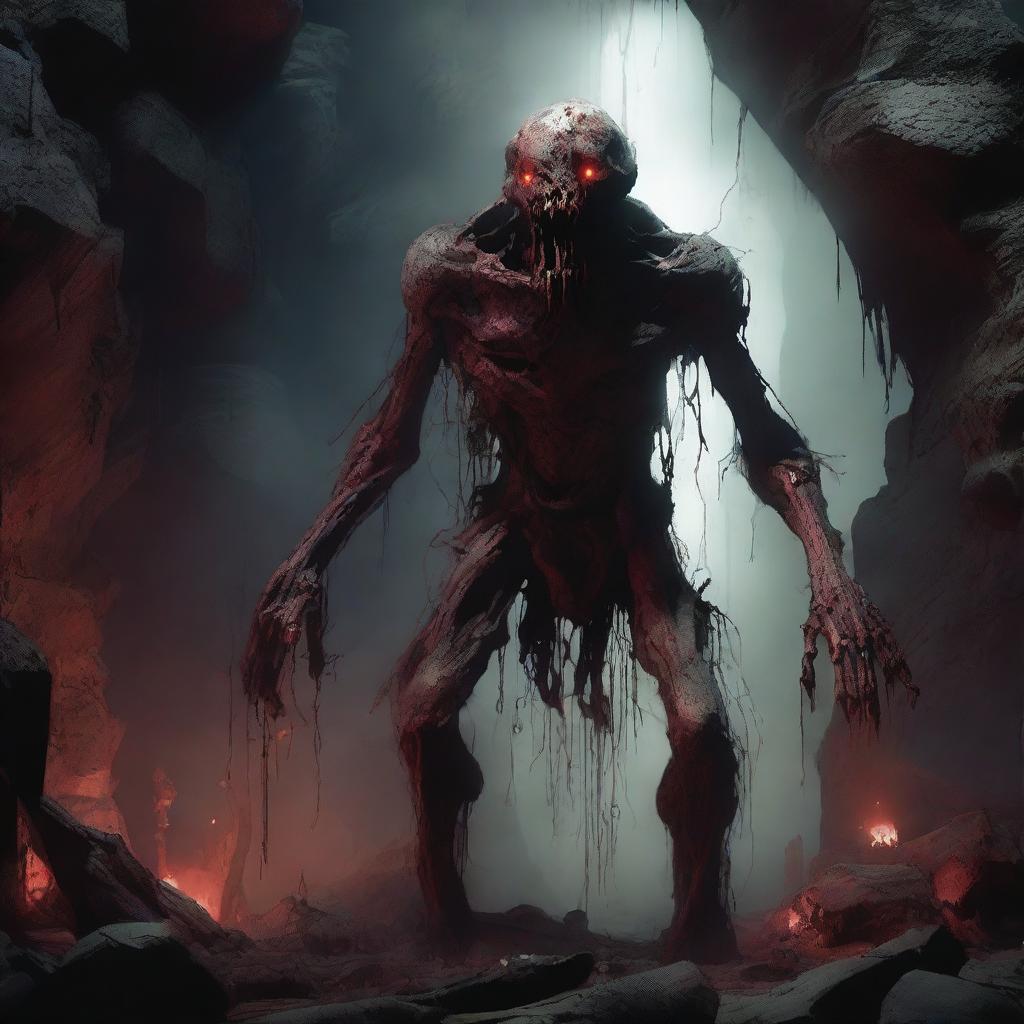 A large, grotesque undead creature stitched together from various corpses with mismatched limbs, glowing red eyes, and a dark, necrotic aura